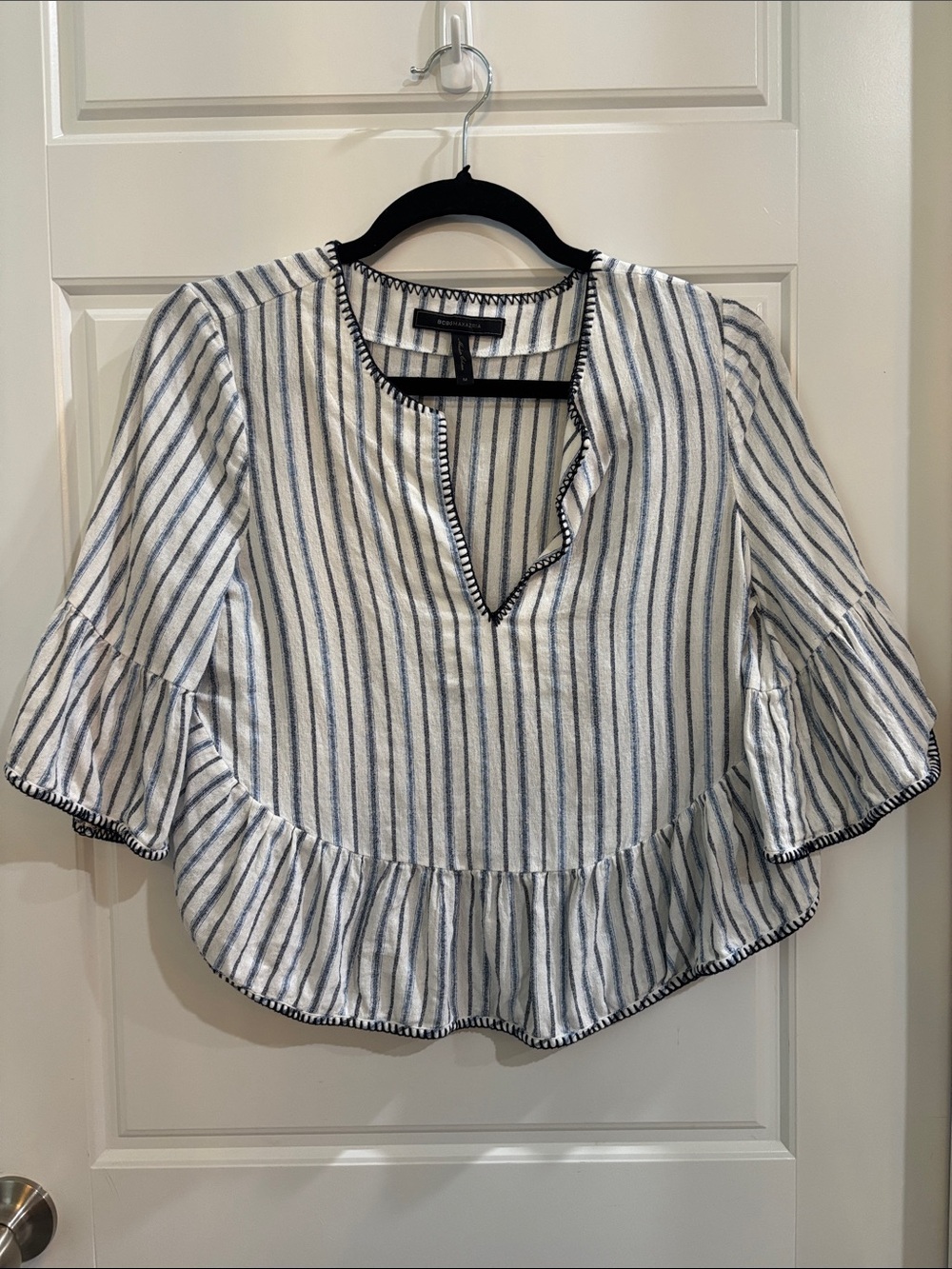 BCBGMaxAzria Blue and White Striped Ruffle-Hem Blouse size medium